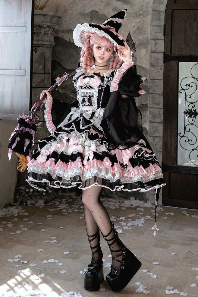 [Date limite de précommande : 14 septembre] Ensemble complet Gothic Black Pink Witch : robe JSK à croix + grande traîne à nœud + cape à capuche + manches amovibles + chapeau de sorcière + manches extérieures