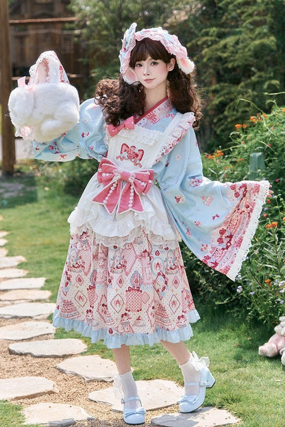 【10月21日予約締切】Pink/Blue Hanfu-inspired Little Lamb Tea Party Lace Wide Sleeve Blouse + Printed Ruffle Skirt + Pleated Mamian Skirt + Strawberry Embroidered Ribbon Lace Apron