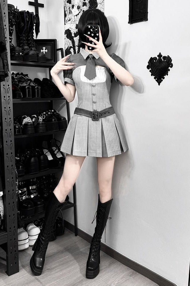 【4月15日予約締切】グレーピンストライプタイカラーショートジャケットドレスフルセット＋ジュエルキャスケット