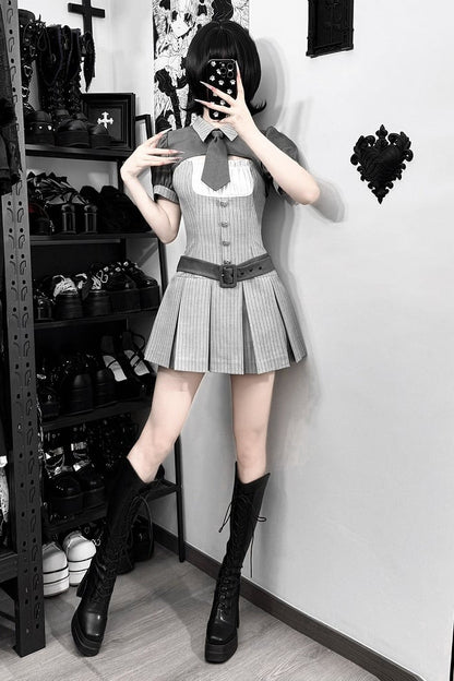 【4月15日予約締切】グレーピンストライプタイカラーショートジャケットドレスフルセット＋ジュエルキャスケット