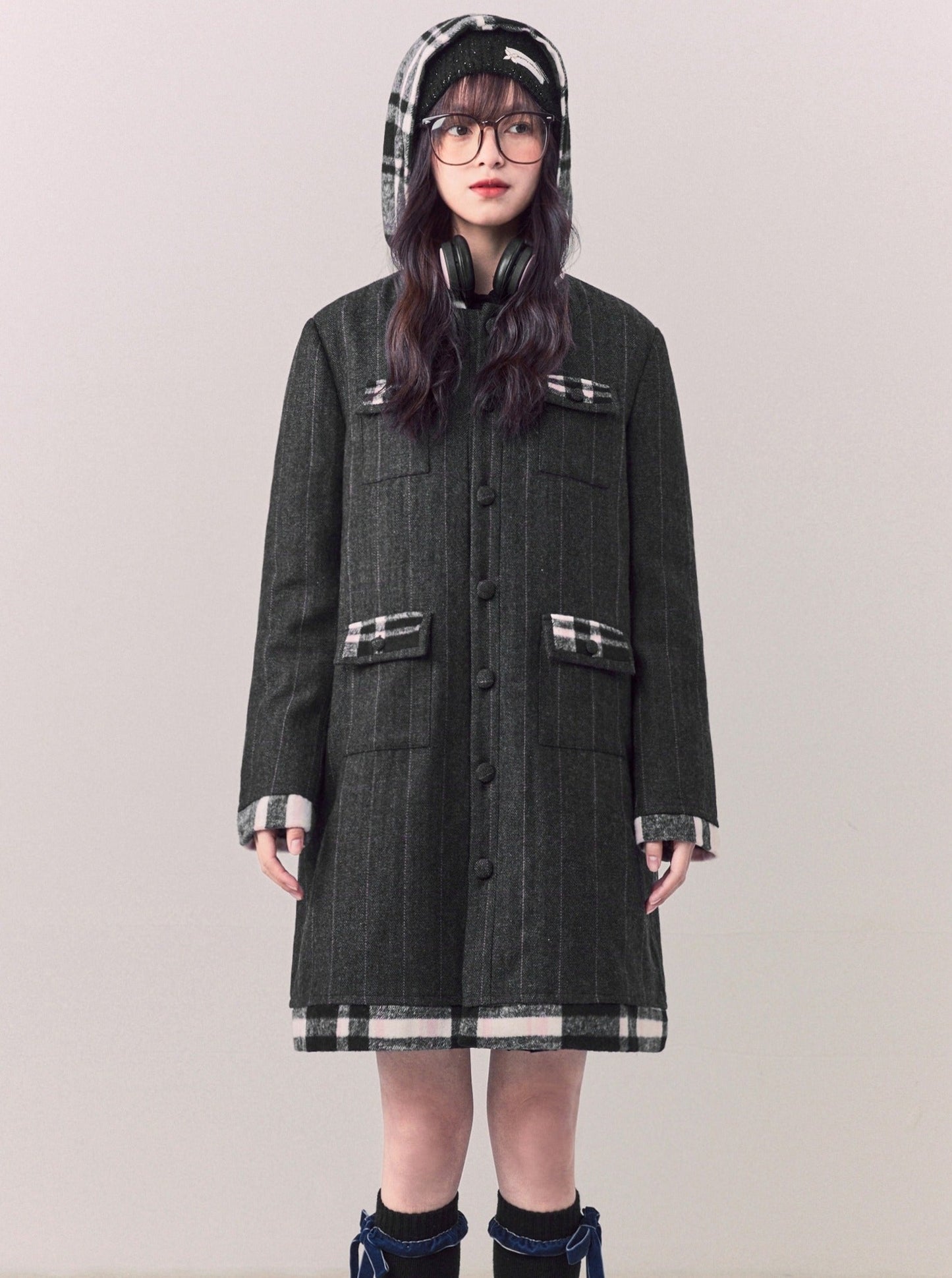 Check Hooded Wool Long Coat