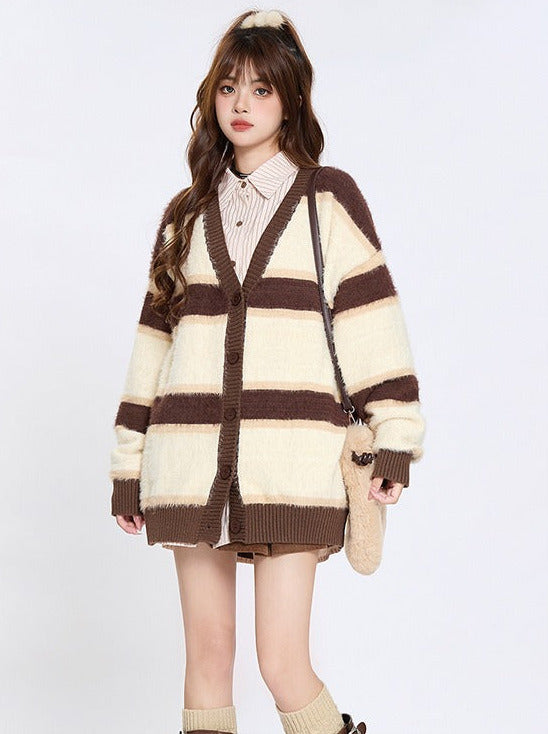 American Retro Striped Contrast Color Cardigan Knit