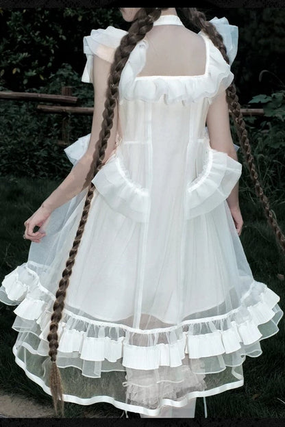 [Vorbestellfrist: 1014] Schwarz/weißes Gothic-Lolita-Set aus Puppenkleid mit Schmetterlingsschleife, Bandkragen und Flatterärmeln + Puppenkleid mit eckigem Ausschnitt und Flatterärmeln