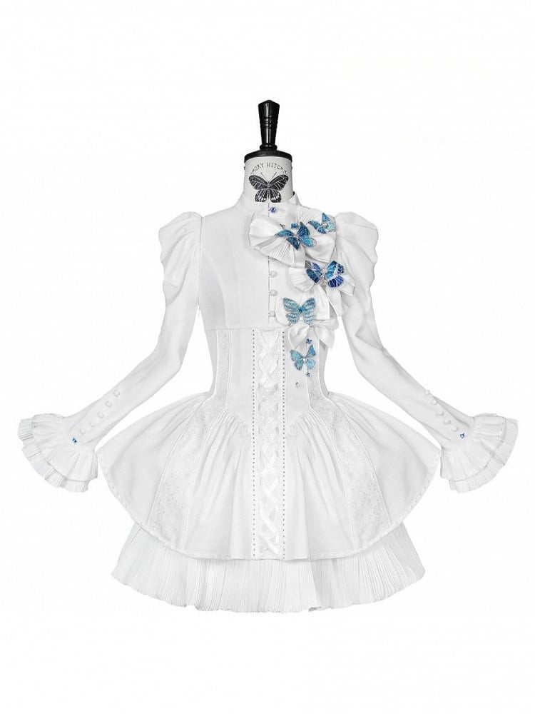 [Reservierungsschluss 14. Oktober] Schwarz-weißes Gothic-Lolita-Minikleid mit Schmetterlingsschleife, Bandkragen und Schnürung am Rücken