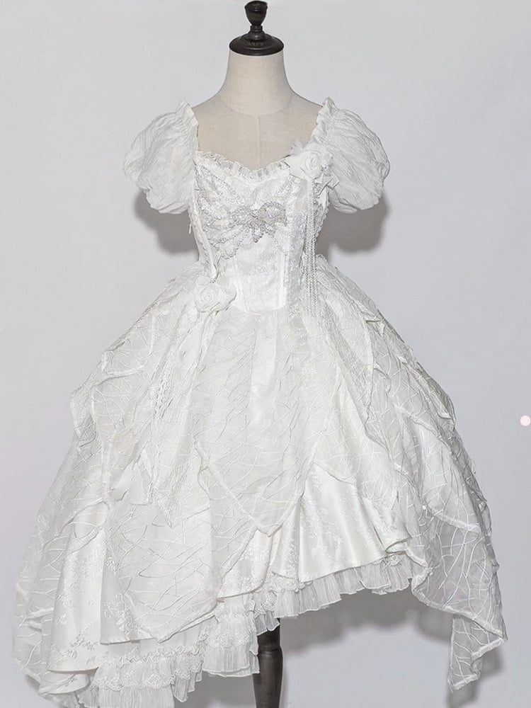 【10月28日予約締切】White Butterfly Gothic Lolita Puff Sleeve Dress Top + Layered Ruffle Asymmetrical Hem Skirt Set (With Chest Brooch + Waist Brooch)