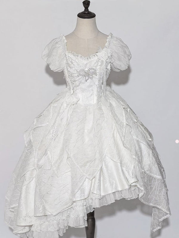 【10月28日予約締切】White Butterfly Gothic Lolita Puff Sleeve Dress Top + Layered Ruffle Asymmetrical Hem Skirt Set (With Chest Brooch + Waist Brooch)