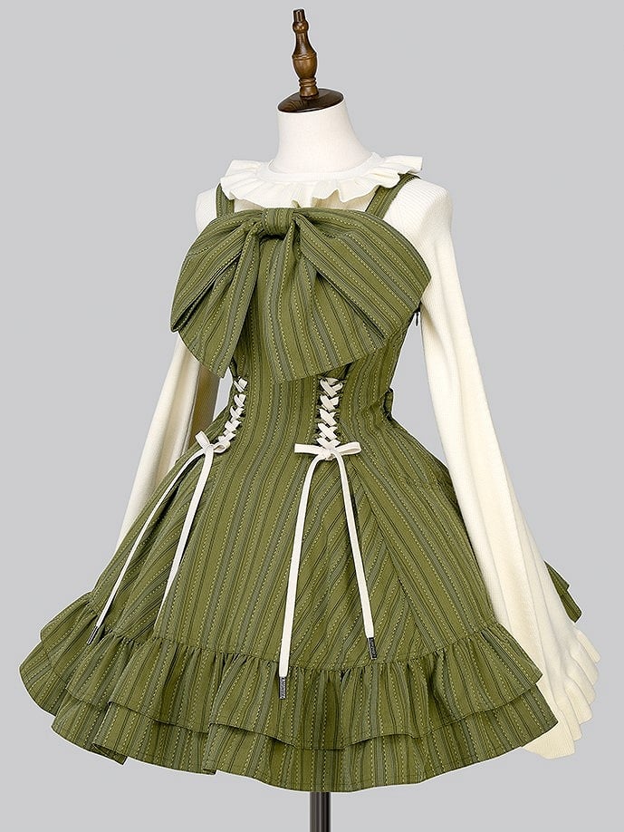 【12月26日予約締切】ゴシックロリータダークカラーストライプリボンサスドレス