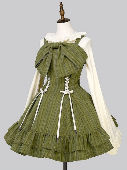 【12月26日予約締切】ゴシックロリータダークカラーストライプリボンサスドレス