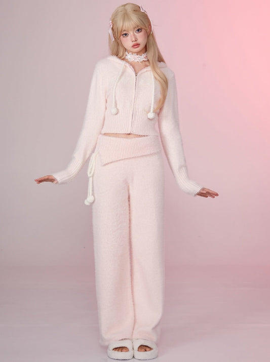 마시멜로 퍼 지퍼업 후드 후드티 + 모피 롱 팬츠