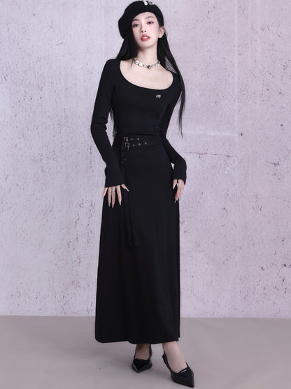 Slim Tight Belt Waist Long Dress