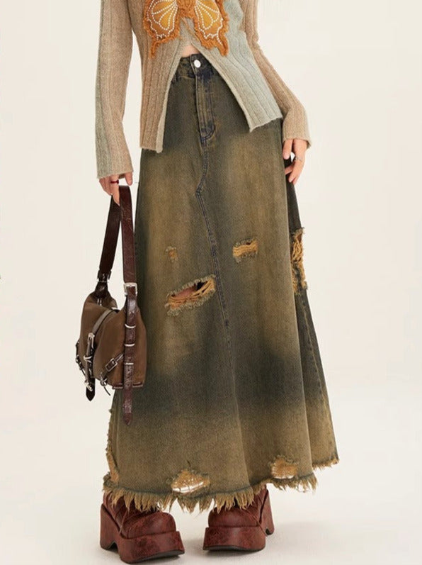 Retro Butterfly Patch Embroidery V Neck Slim Knit + Damaged Denim Long Skirt