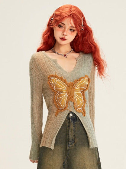 Retro Butterfly Patch Embroidery V Neck Slim Knit + Damaged Denim Long Skirt
