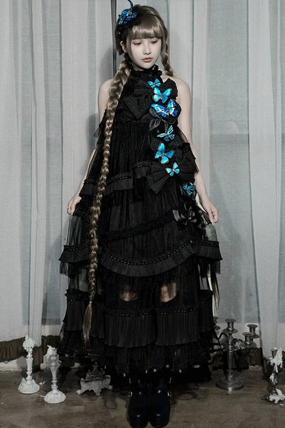 [Pre-order Deadline: October 14] Black/White Gothic Lolita Blue Butterfly Bow Tulle Ruffle Layered Halter Dress