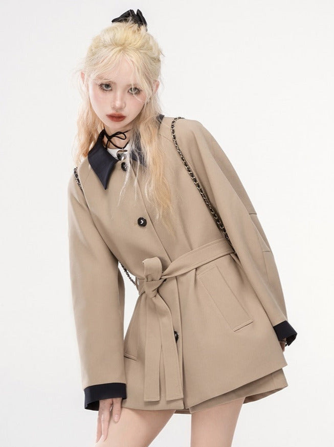 Poseidon Khaki Contrast Color Trench Jacket + Shorts