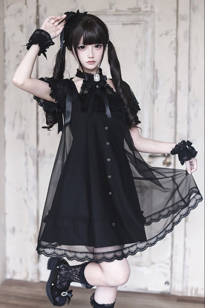 [Reservierungsschluss am 15. Juli] Schwarzes Gothic-Tüllkleid im Lagenlook mit Schmuckschleife + Rosenkreuz-Haarspange + Handgelenkmanschetten