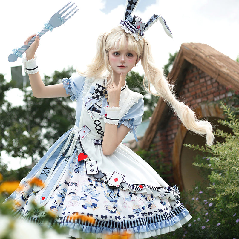 【数量限定】アリスティーパーティーアシメエプロンドレス＋うさ耳ハットドレスフルセット