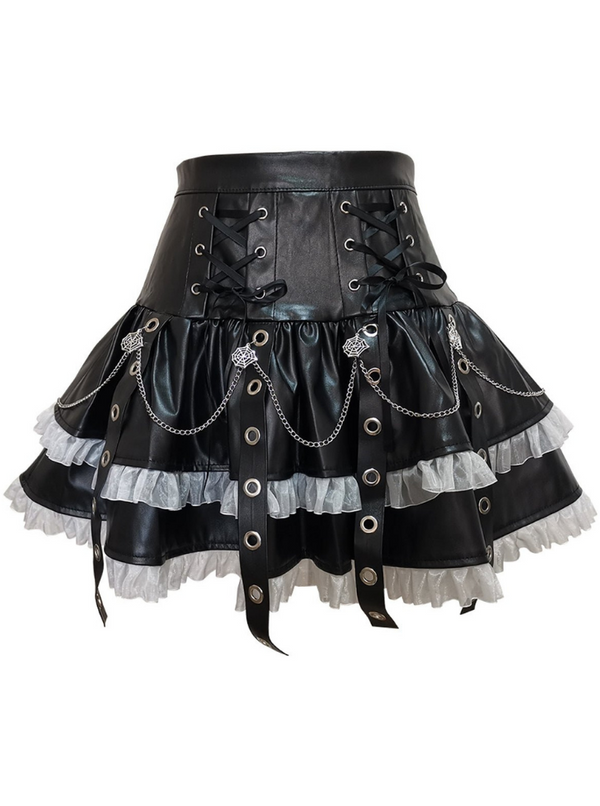 Metal chain side lace-up eyelet leather tiered skirt