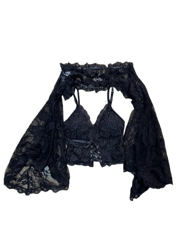 Dark Rock Neck Lace Mode Sleeve Tops