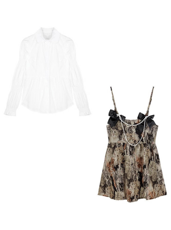 Volume Sleeve Blouse + Pearl Ribbon Cat Pattern Saswan Piece