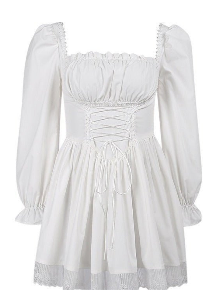 Lace-up Candy Sleeve White Dress + Front Button Leather A-line Sass Skirt with Belt