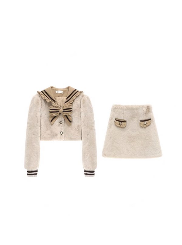 フリルリボンセーラーカラーファージャケット＋スカート