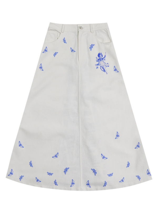 Little Butterfly Rice Slim Denim Long A Line Skirt