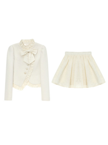 Ashimefryl design jacket with ribbon + flower jacquard skirt