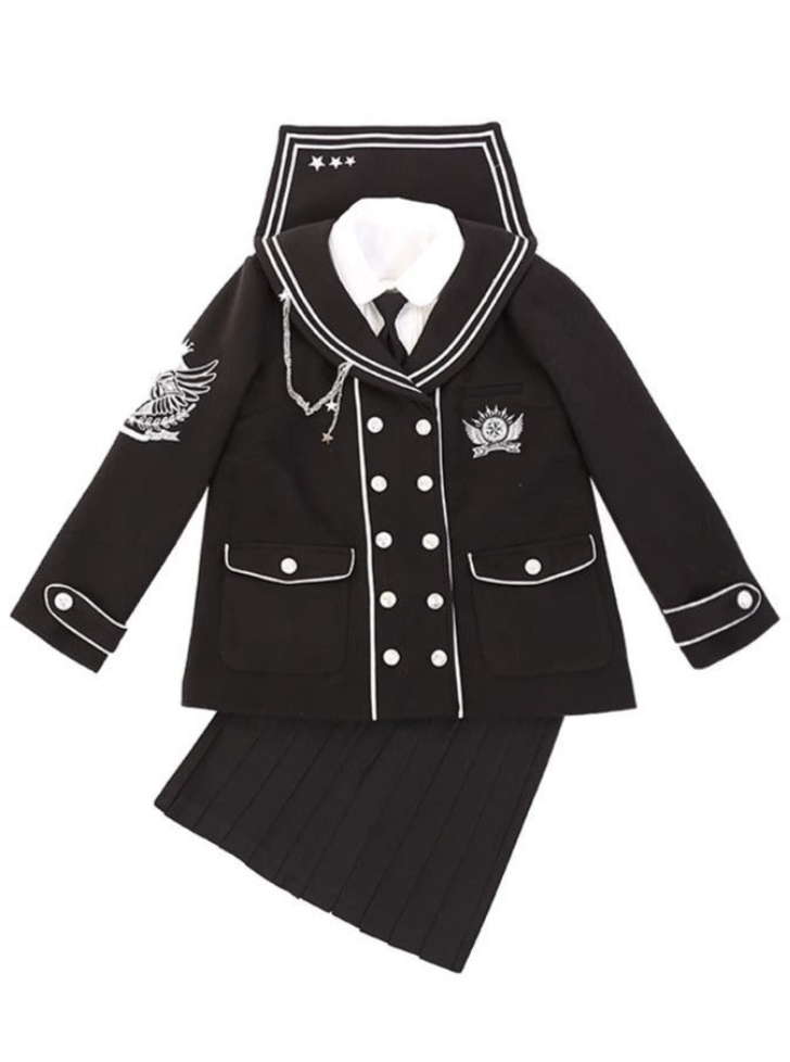 선원 색상 자수 더블 블 블랙 재킷 + 태국 셔츠 + 스커트