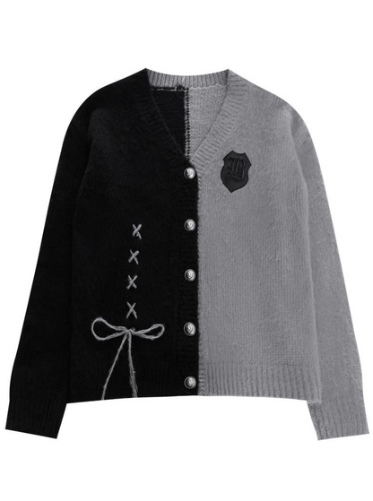 Black Emblem Lace-up Asymmetric Knit V-neck Cardigan