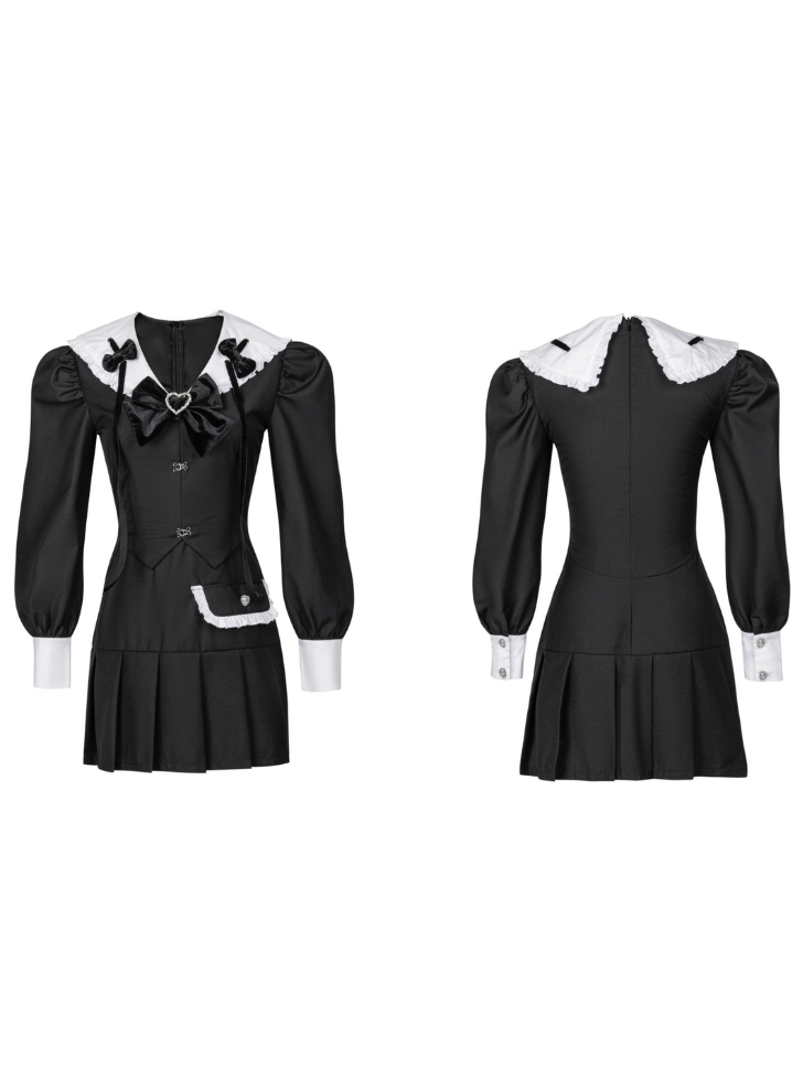 Frilled sailor volume sleeve dress with ribbon