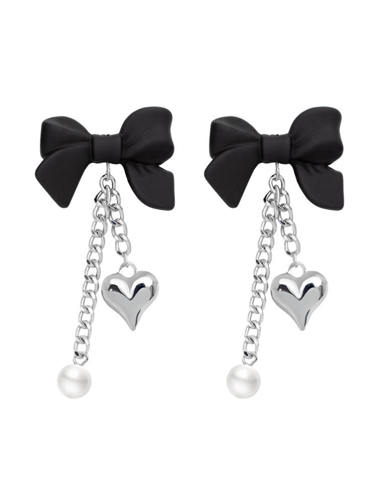 Dark Heart Ribbon Pearl Silver Earrings