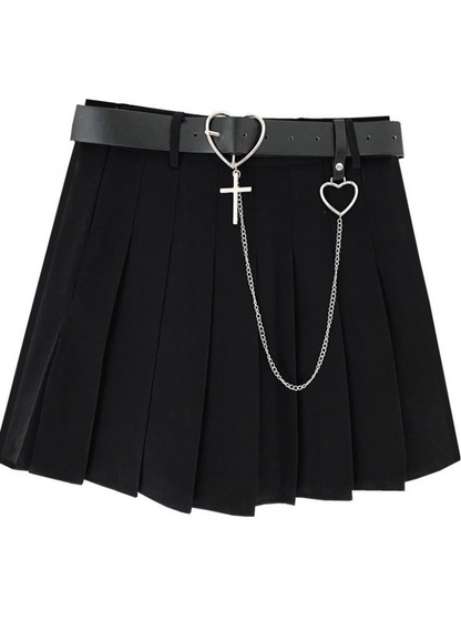 High Waist Pleated Skirt with Chain Strap Belt