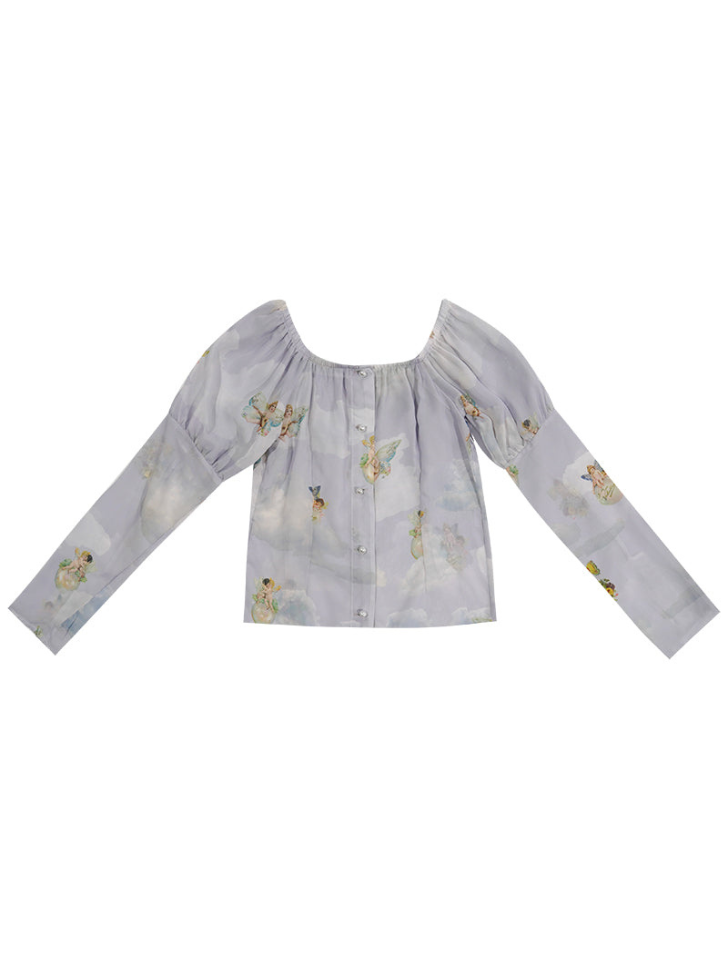 Little Angel Print Girl Retro Square Neck Tops