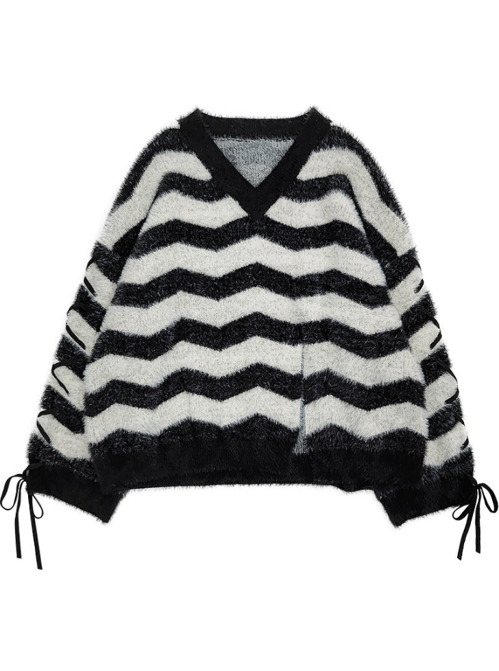 Race Up Sleeve Slit Border Shaggy Knit V -neck Sweater