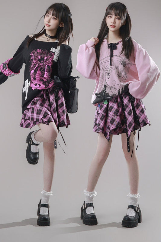 Pink Plaid Chain Tiered Skirt