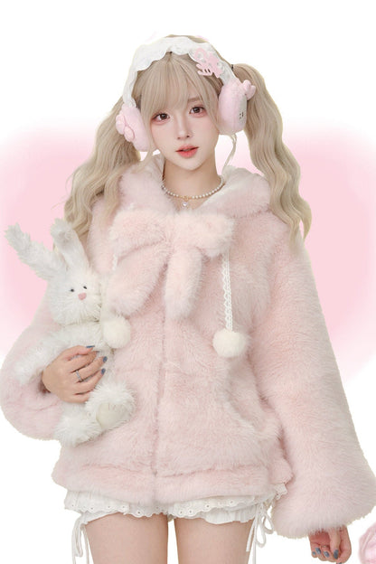 Pink Plush Jacket with Bow Brooch and Cake Skirt Set