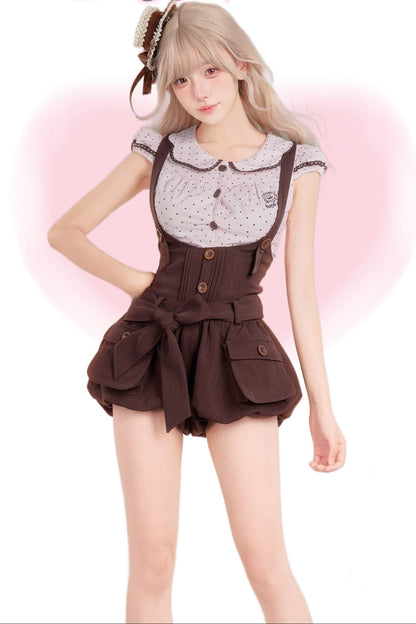 Pink Shirt With Brown Overalls and Pants Set-Up