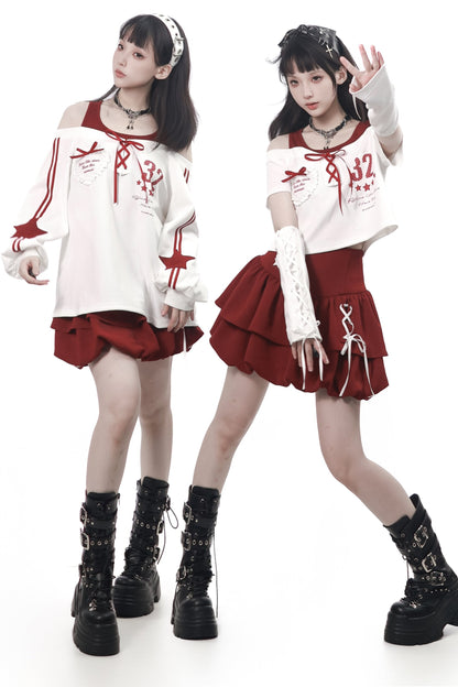 Off-Shoulder Layered Star Graphic Top & Bubble Skirt Set-Up