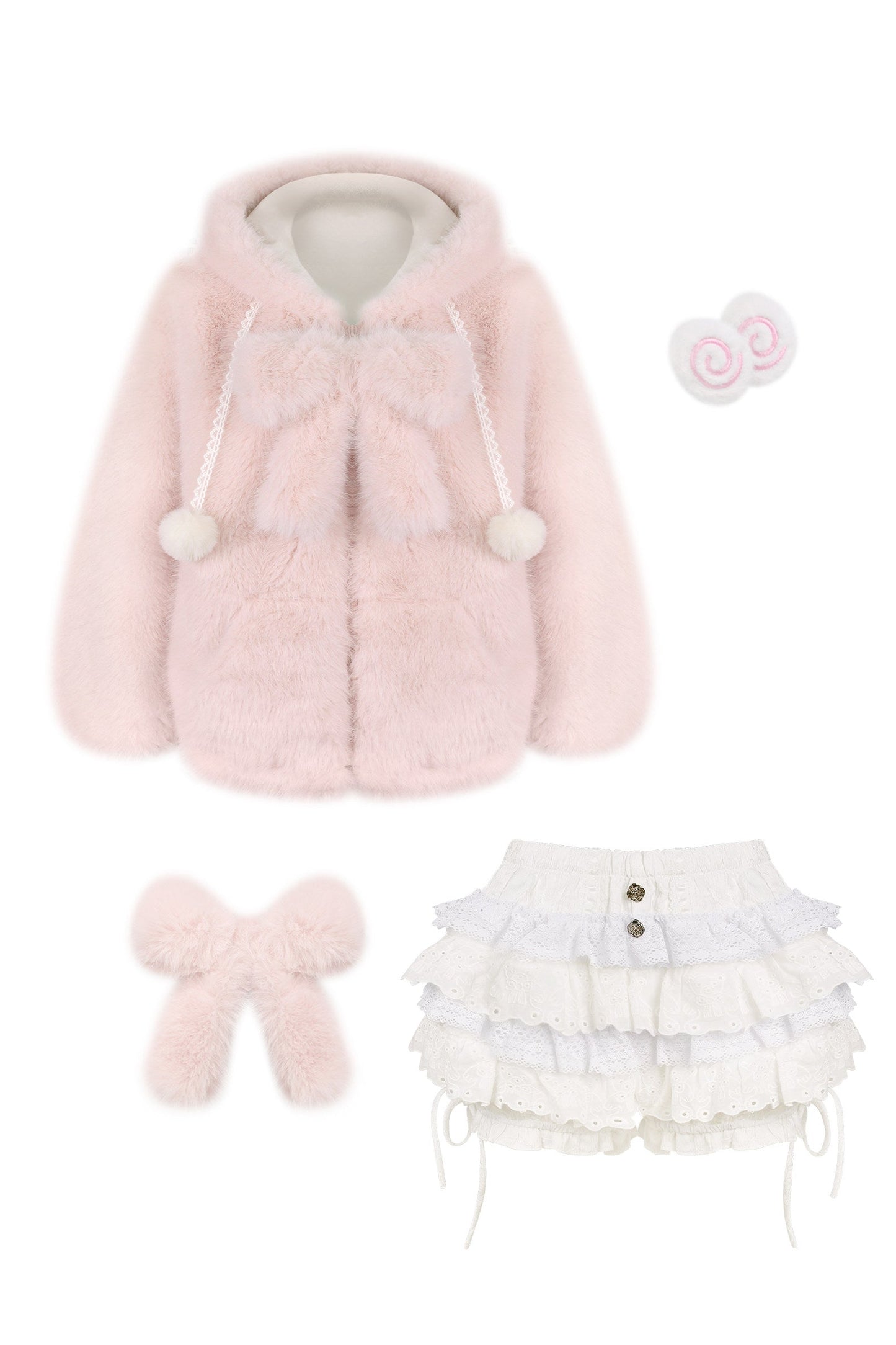 Pink Plush Jacket with Bow Brooch and Cake Skirt Set