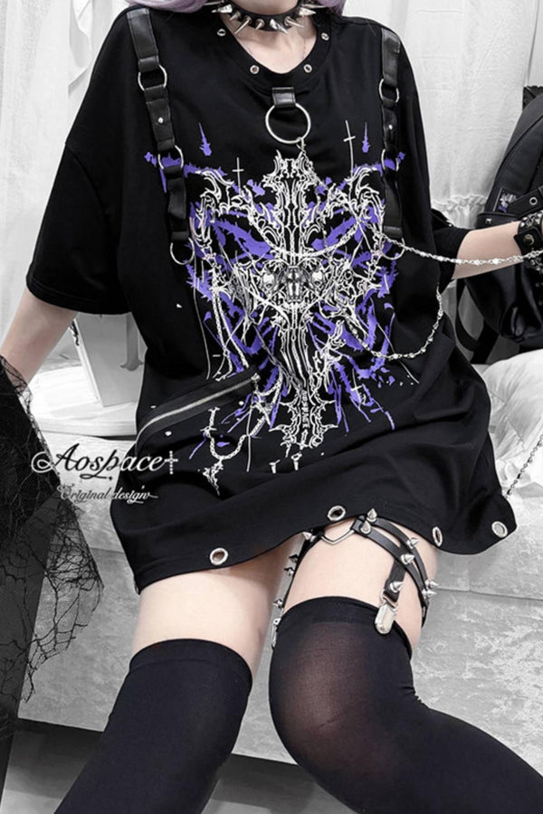 Line Print Chain Rivet Short Sleeve T-Shirt