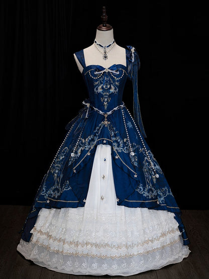 【5月3日予約締切】ダークブルーホワイトコルセットレースリボンロリータJKSプリンセスドレス＋コンプリートセット