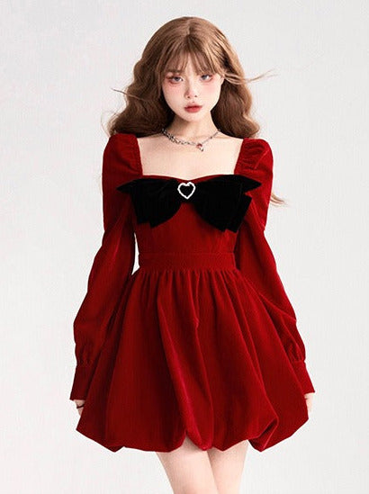 red velvet retro dress Ruffled Trim Royal Red Velvet Vintage Dress Red / S