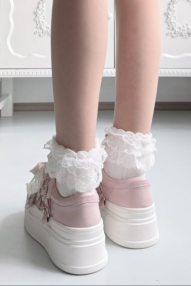 【10月6日予約締切】White/Pink/Black Rhinestone Buckle Lace Cross Charm Ribbon Chunky Sneakers