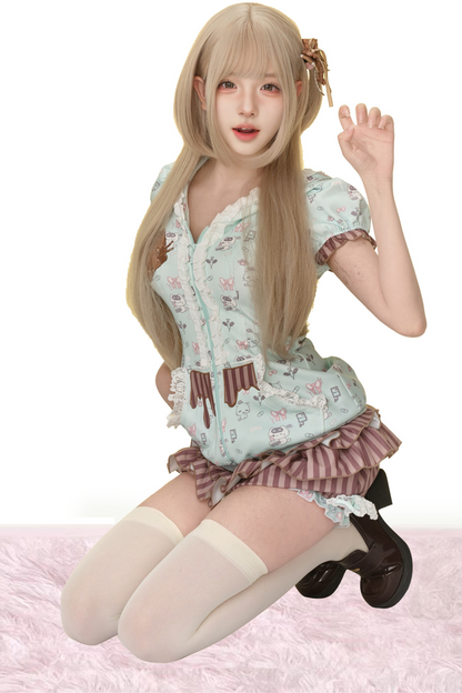 ミントグリーンプリントジャケット＆ケーキスカート