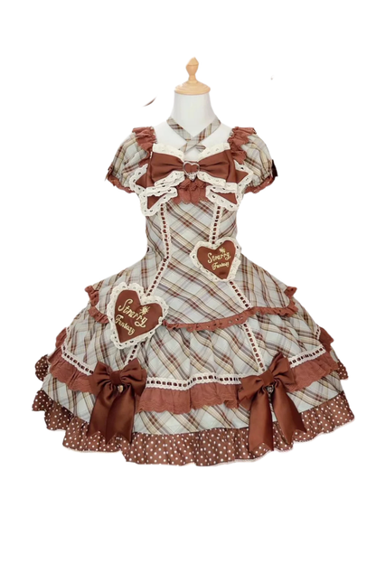 Check Sweet Girly Lolita Tiered Dress + Headband + Hairband
