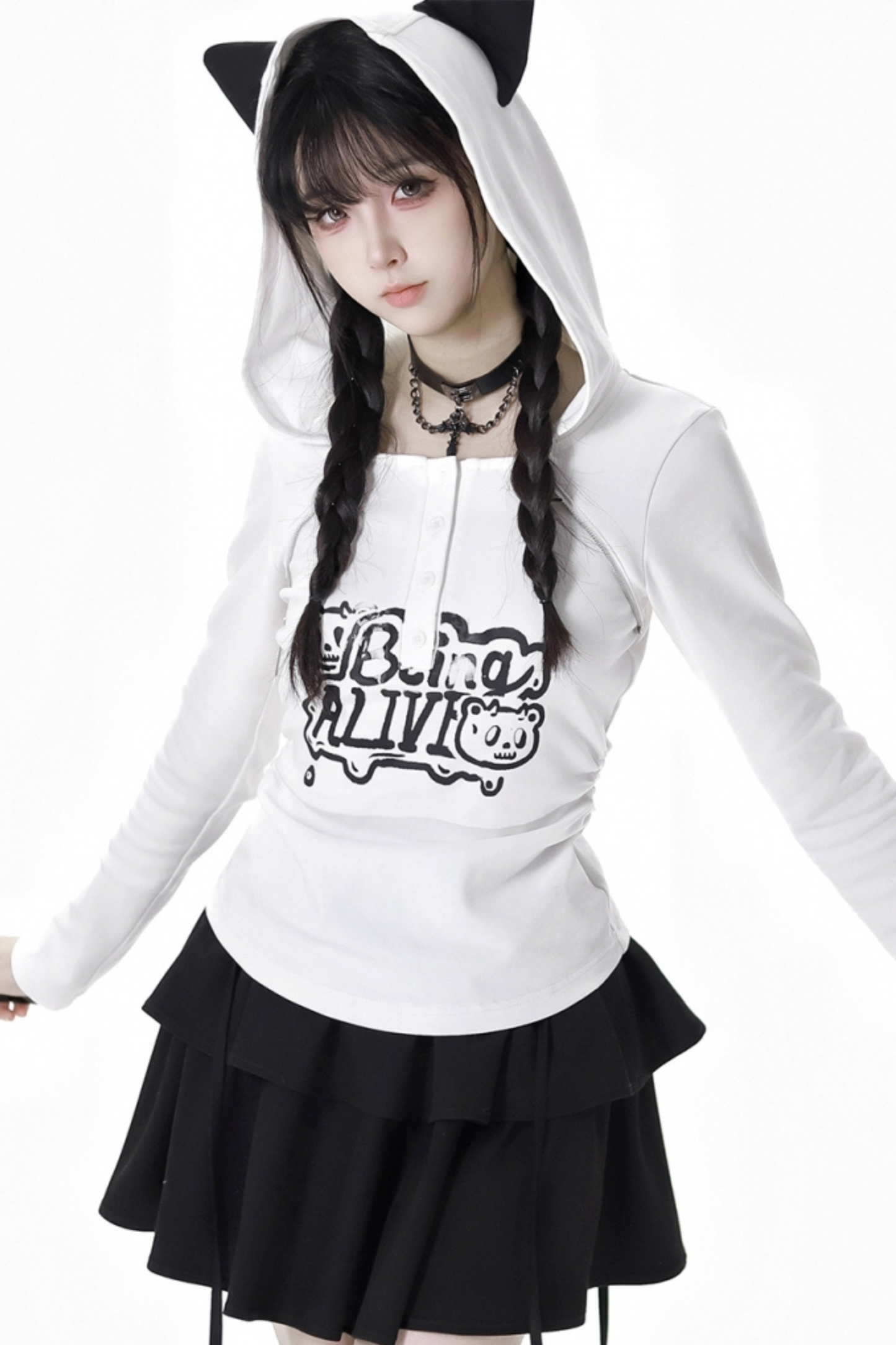 猫耳フードトップス+ルーズニットセーター+カーゴパンツ+ストラップスカート