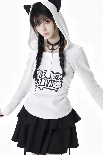 猫耳フードトップス+ルーズニットセーター+カーゴパンツ+ストラップスカート