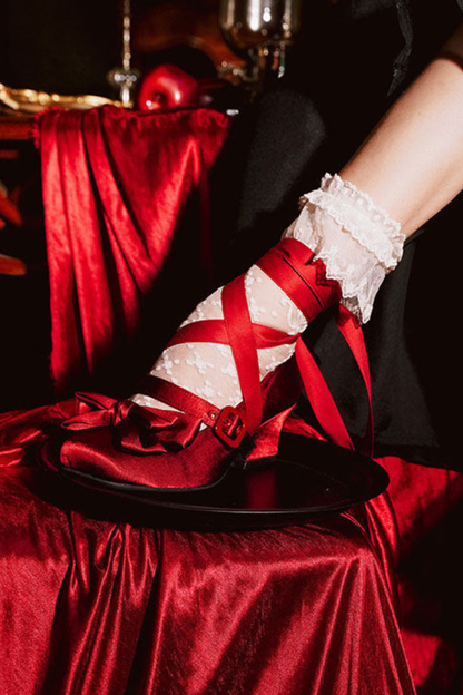 レースアップリボンサテンスクエアトゥシューズ