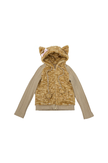 オレンジキャットファーパッチワークニットスリムフードジャケット