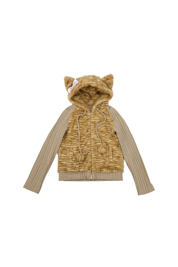 オレンジキャットファーパッチワークニットスリムフードジャケット